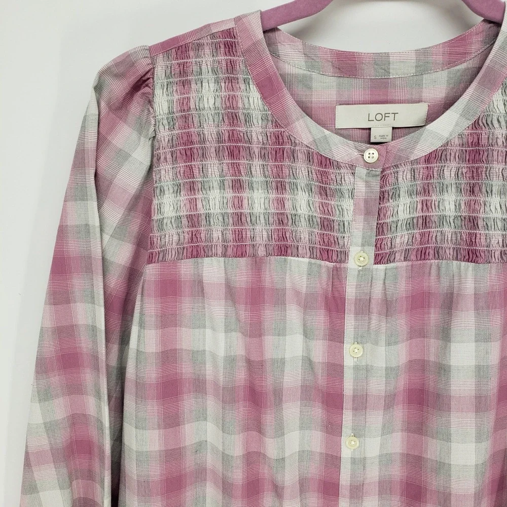 LOFT Plaid Smocked Button Down Shirt Womens Small Pink Long Sleeve Puff Shoulder